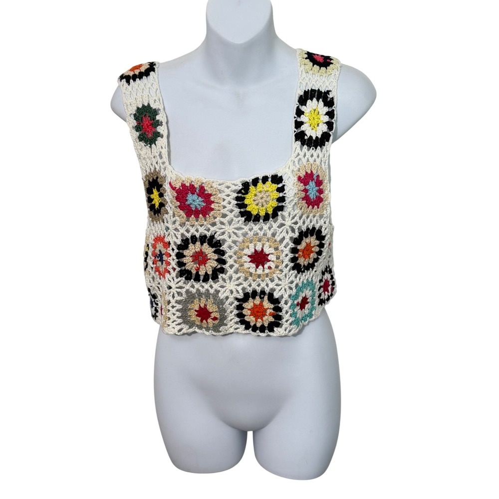 Unbranded Crochet Crop Top Women Medium Multi-Color Granny Square Boho Festival - Picture 2 of 4